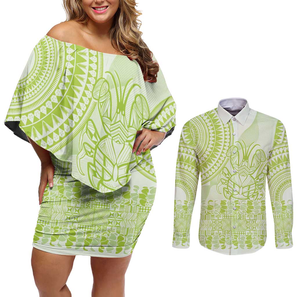 Lime Green Niue Language Week Couples Matching Off Shoulder Short Dress and Long Sleeve Button Shirt The Rock Coconut Crab - Siapo Pattern LT14 Lime Green - Polynesian Pride