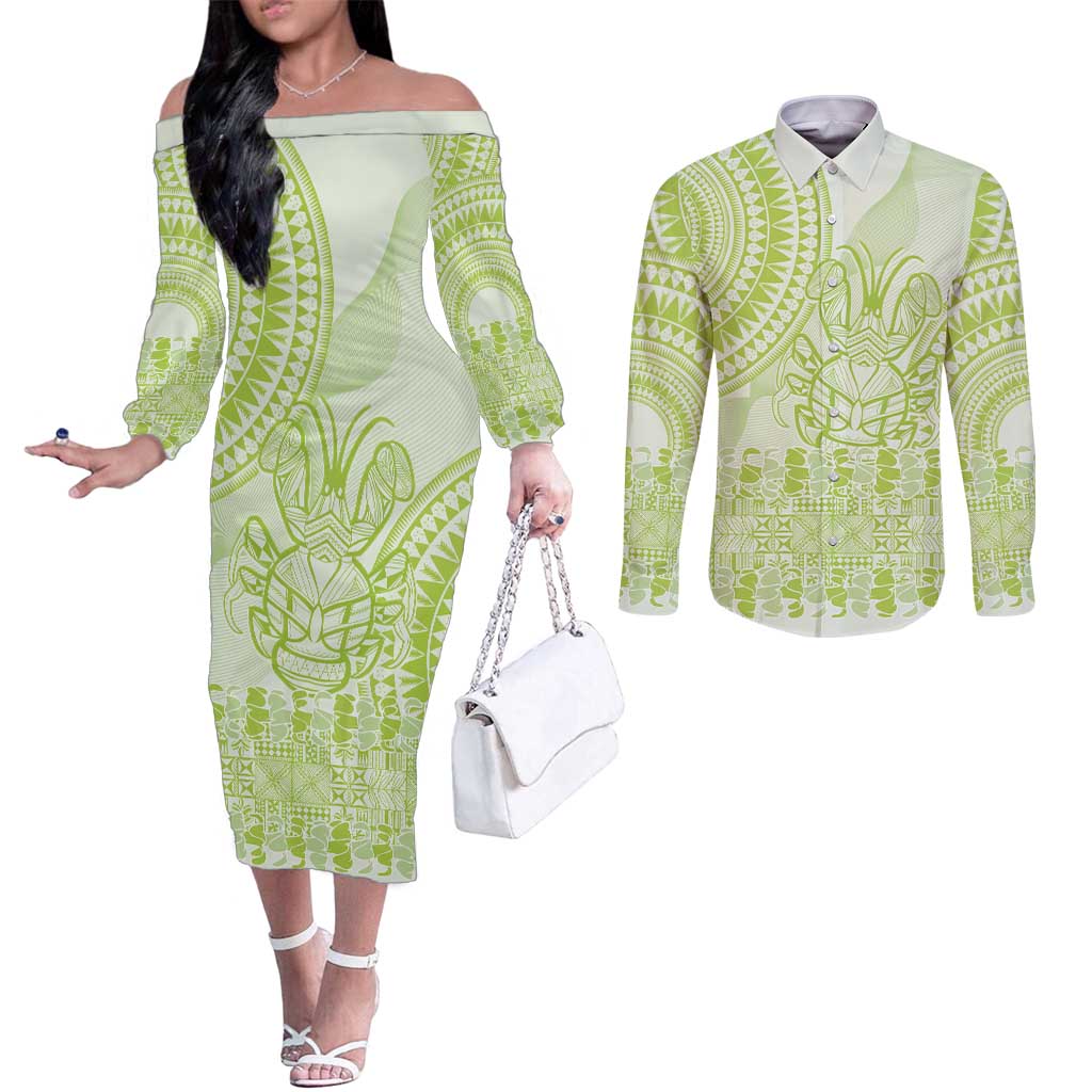 Lime Green Niue Language Week Couples Matching Off The Shoulder Long Sleeve Dress and Long Sleeve Button Shirt The Rock Coconut Crab - Siapo Pattern LT14 Lime Green - Polynesian Pride