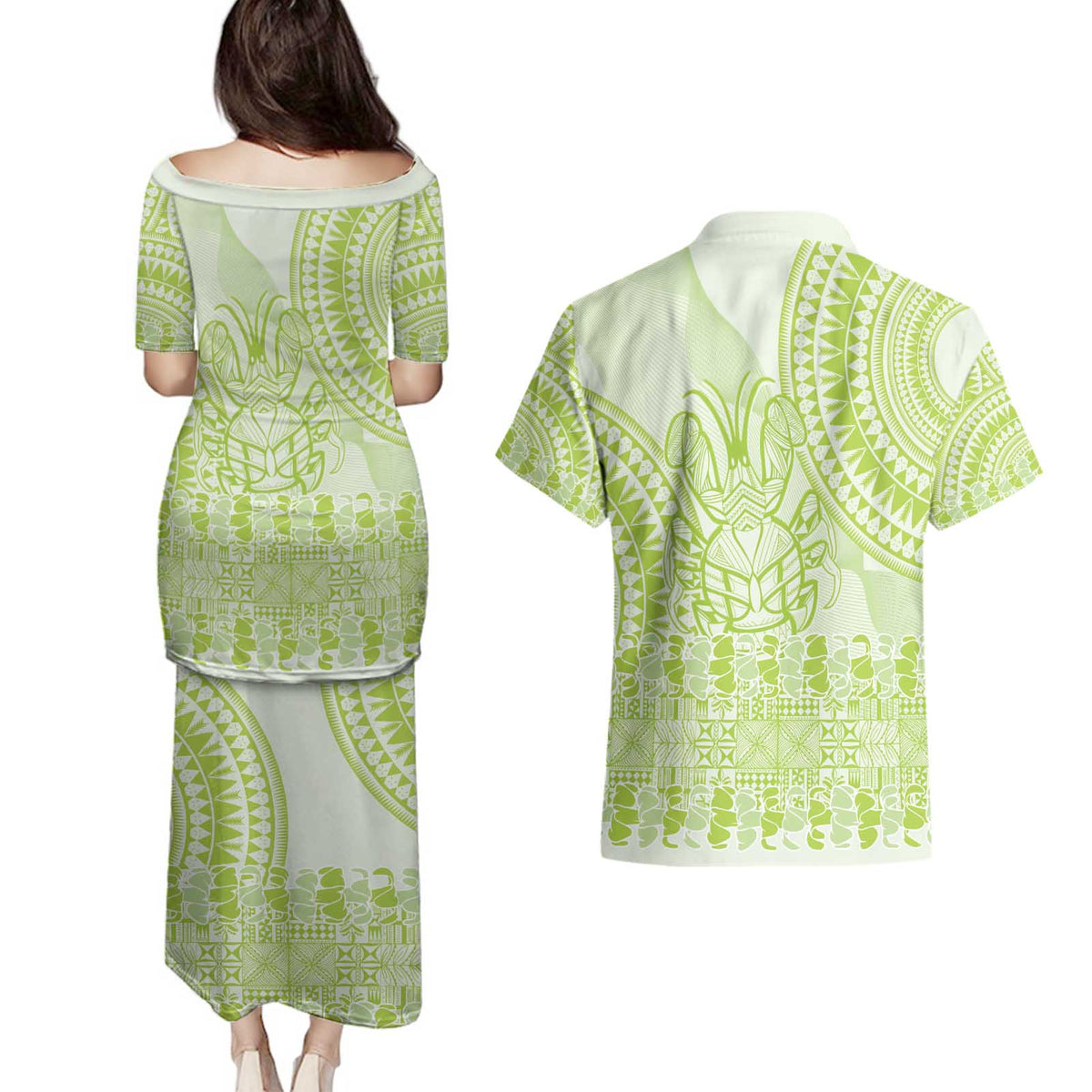 Lime Green Niue Language Week Couples Matching Puletasi and Hawaiian Shirt The Rock Coconut Crab - Siapo Pattern