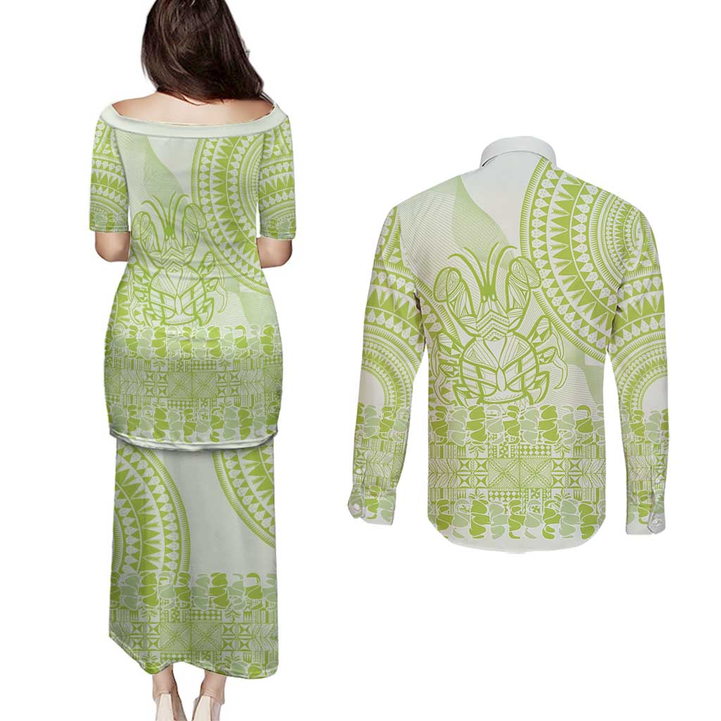 Lime Green Niue Language Week Couples Matching Puletasi and Long Sleeve Button Shirt The Rock Coconut Crab - Siapo Pattern
