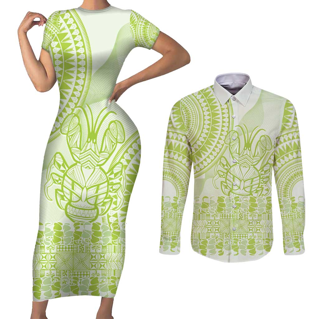 Lime Green Niue Language Week Couples Matching Short Sleeve Bodycon Dress and Long Sleeve Button Shirt The Rock Coconut Crab - Siapo Pattern LT14 Lime Green - Polynesian Pride