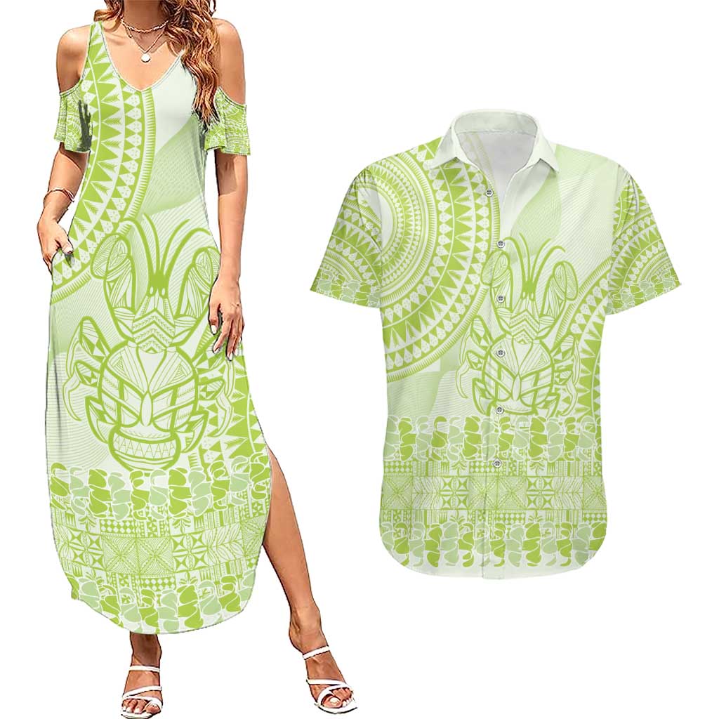 Lime Green Niue Language Week Couples Matching Summer Maxi Dress and Hawaiian Shirt The Rock Coconut Crab - Siapo Pattern LT14 Lime Green - Polynesian Pride