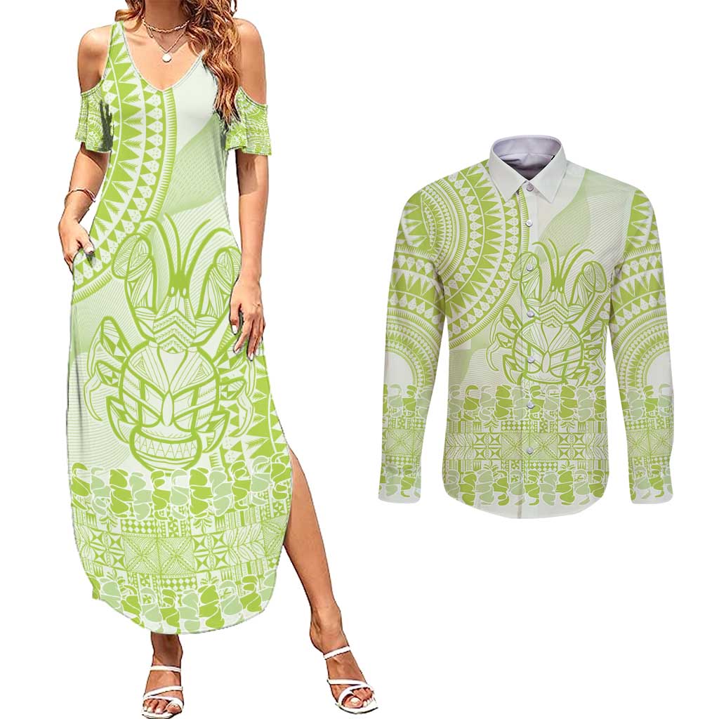 Lime Green Niue Language Week Couples Matching Summer Maxi Dress and Long Sleeve Button Shirt The Rock Coconut Crab - Siapo Pattern LT14 Lime Green - Polynesian Pride