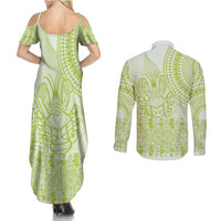 Lime Green Niue Language Week Couples Matching Summer Maxi Dress and Long Sleeve Button Shirt The Rock Coconut Crab - Siapo Pattern