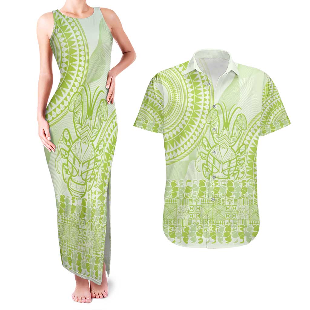 Lime Green Niue Language Week Couples Matching Tank Maxi Dress and Hawaiian Shirt The Rock Coconut Crab - Siapo Pattern LT14 Lime Green - Polynesian Pride