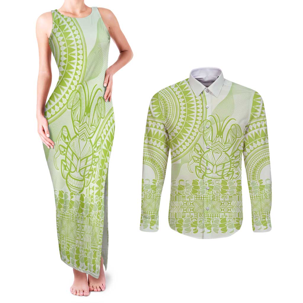 Lime Green Niue Language Week Couples Matching Tank Maxi Dress and Long Sleeve Button Shirt The Rock Coconut Crab - Siapo Pattern LT14 Lime Green - Polynesian Pride