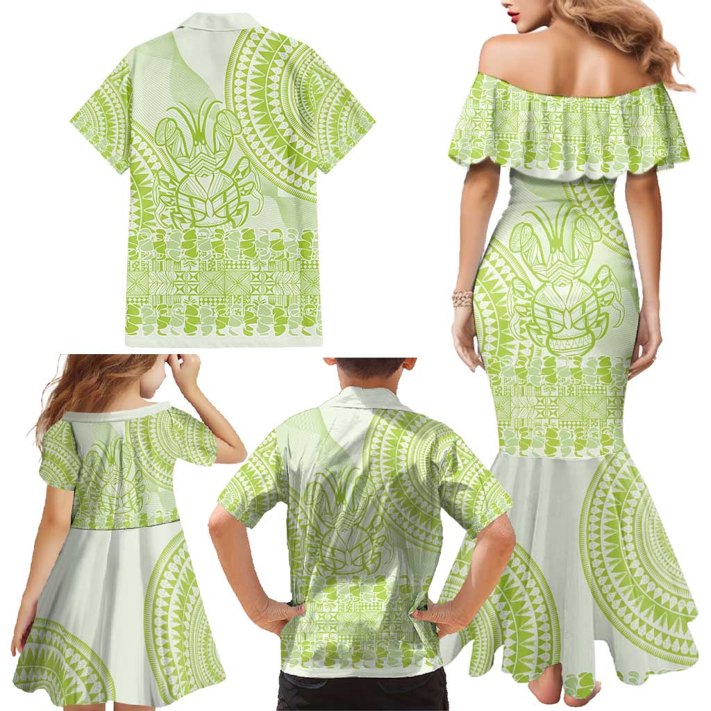 Lime Green Niue Language Week Family Matching Mermaid Dress and Hawaiian Shirt The Rock Coconut Crab - Siapo Pattern