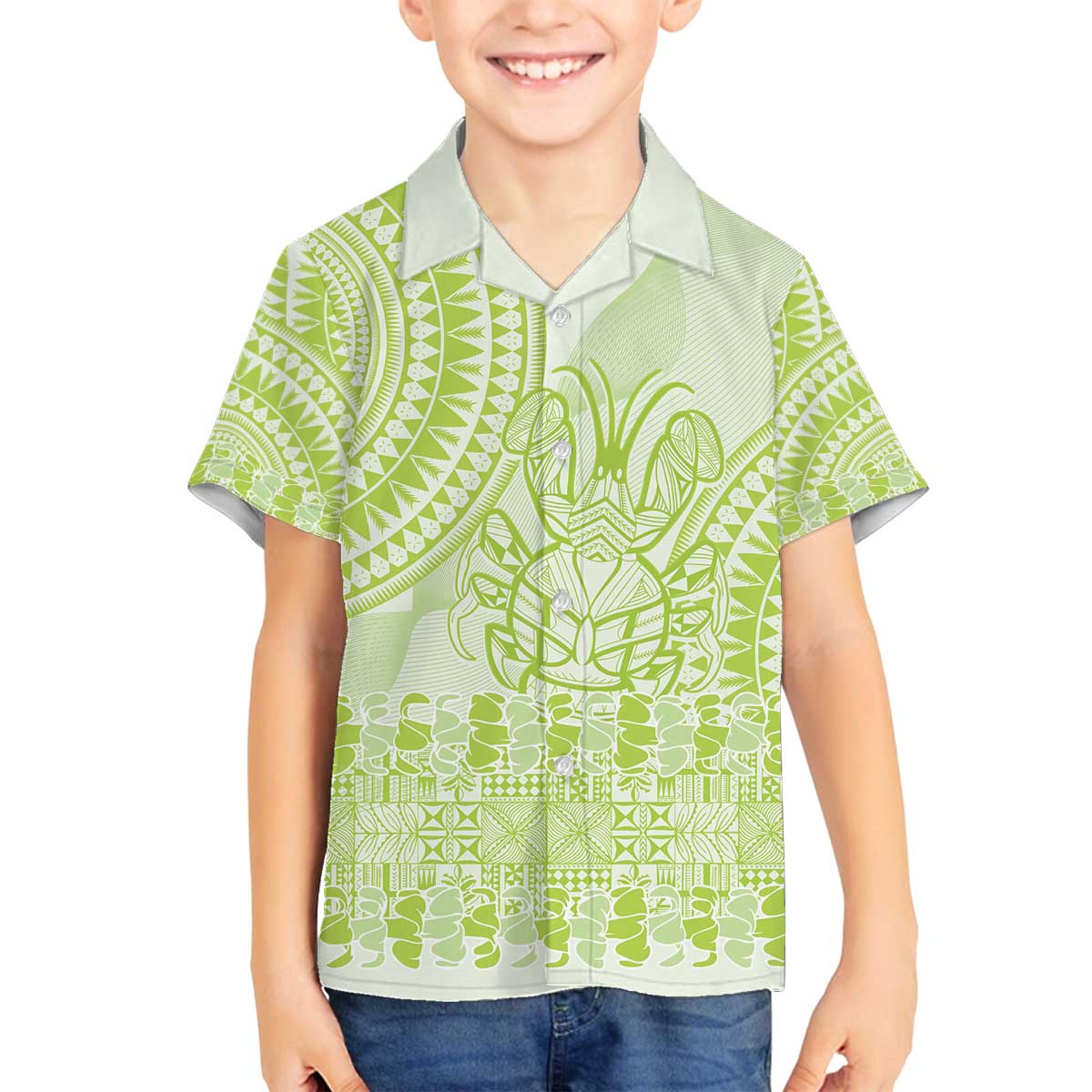 Lime Green Niue Language Week Family Matching Off The Shoulder Long Sleeve Dress and Hawaiian Shirt The Rock Coconut Crab - Siapo Pattern