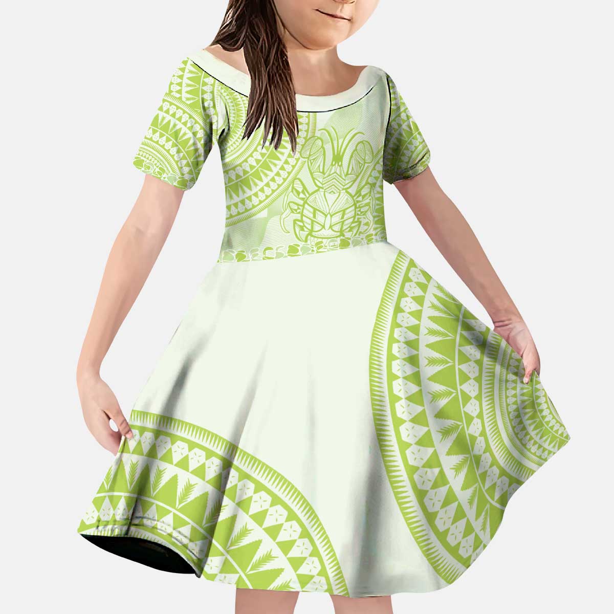 Lime Green Niue Language Week Kid Short Sleeve Dress The Rock Coconut Crab - Siapo Pattern LT14 KID Lime Green - Polynesian Pride