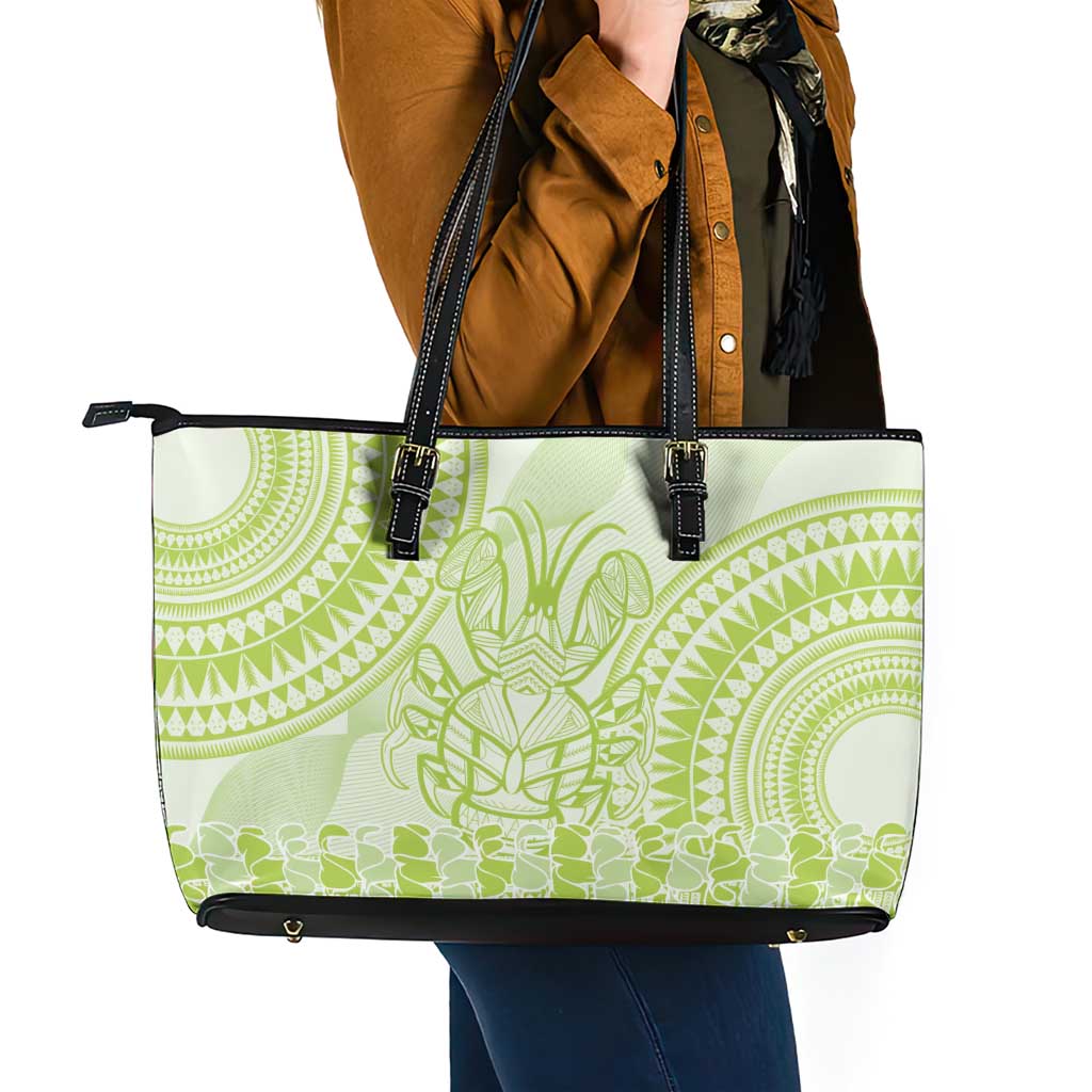 Lime Green Niue Language Week Leather Tote Bag The Rock Coconut Crab - Siapo Pattern