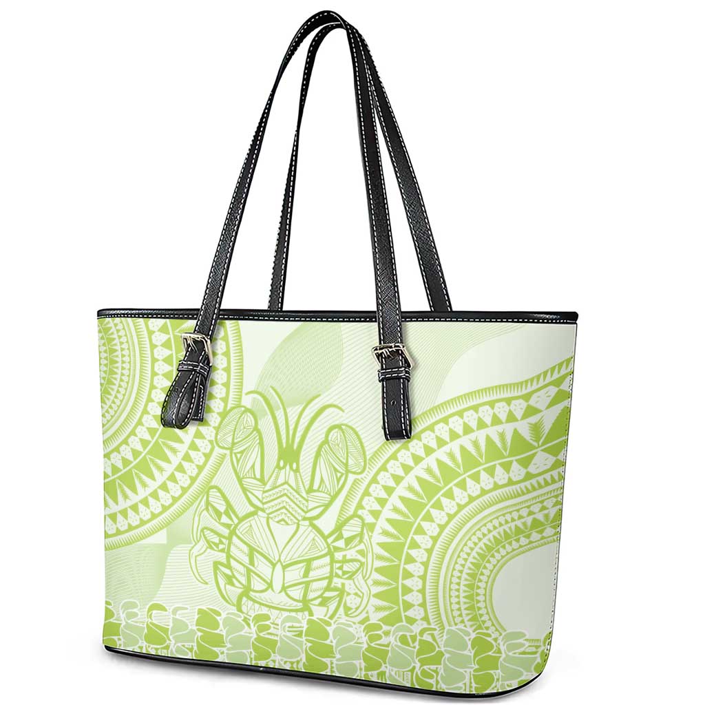 Lime Green Niue Language Week Leather Tote Bag The Rock Coconut Crab - Siapo Pattern