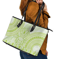 Lime Green Niue Language Week Leather Tote Bag The Rock Coconut Crab - Siapo Pattern