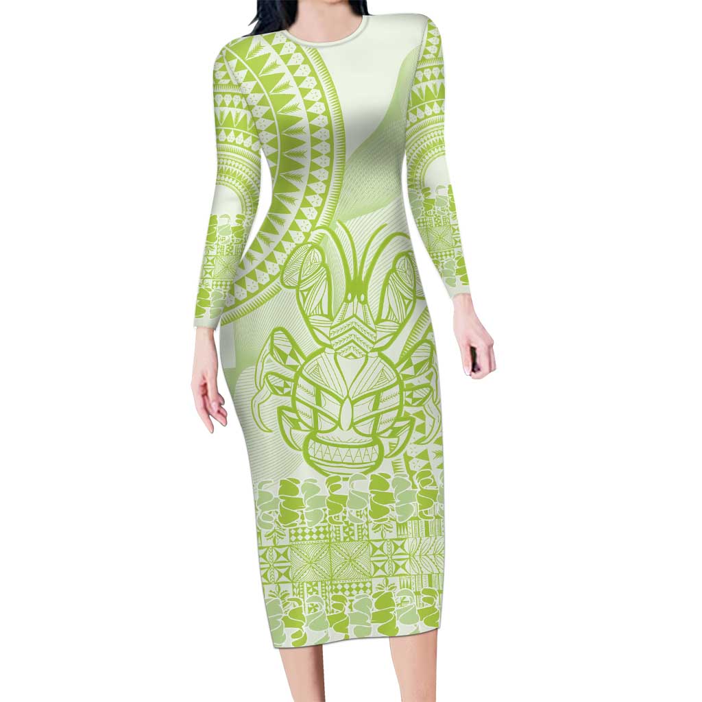 Lime Green Niue Language Week Long Sleeve Bodycon Dress The Rock Coconut Crab - Siapo Pattern LT14 Long Dress Lime Green - Polynesian Pride