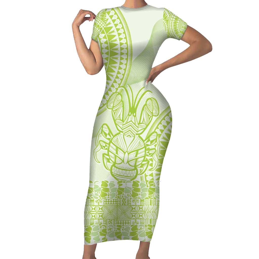 Lime Green Niue Language Week Short Sleeve Bodycon Dress The Rock Coconut Crab - Siapo Pattern LT14 Long Dress Lime Green - Polynesian Pride