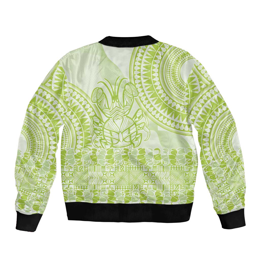 Lime Green Niue Language Week Sleeve Zip Bomber Jacket The Rock Coconut Crab - Siapo Pattern