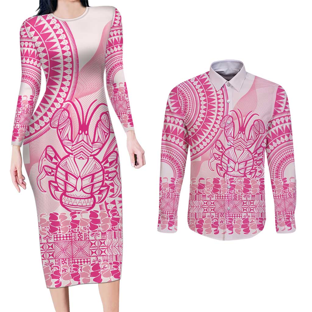 Pink Niue Language Week Couples Matching Long Sleeve Bodycon Dress and Long Sleeve Button Shirt The Rock Coconut Crab - Siapo Pattern LT14 Pink - Polynesian Pride