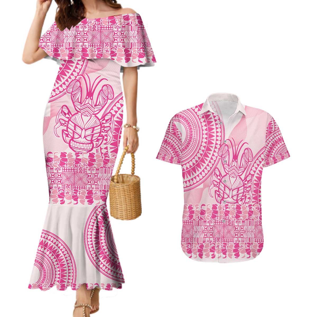 Pink Niue Language Week Couples Matching Mermaid Dress and Hawaiian Shirt The Rock Coconut Crab - Siapo Pattern LT14 Pink - Polynesian Pride