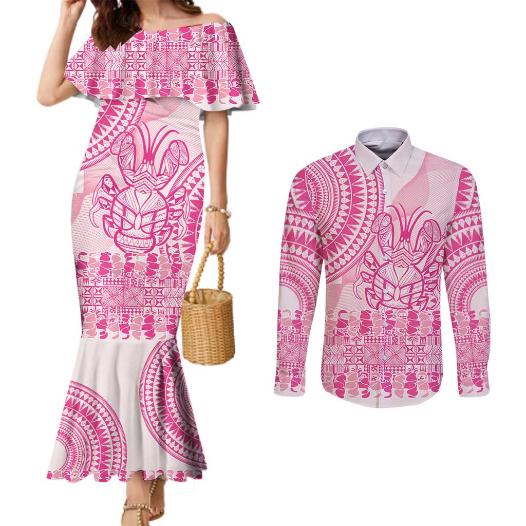 Pink Niue Language Week Couples Matching Mermaid Dress and Long Sleeve Button Shirt The Rock Coconut Crab - Siapo Pattern LT14 Pink - Polynesian Pride