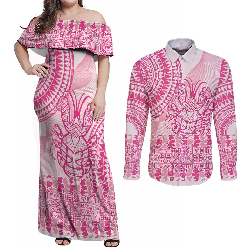 Pink Niue Language Week Couples Matching Off Shoulder Maxi Dress and Long Sleeve Button Shirt The Rock Coconut Crab - Siapo Pattern LT14 Pink - Polynesian Pride