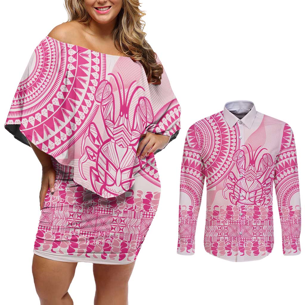 Pink Niue Language Week Couples Matching Off Shoulder Short Dress and Long Sleeve Button Shirt The Rock Coconut Crab - Siapo Pattern LT14 Pink - Polynesian Pride