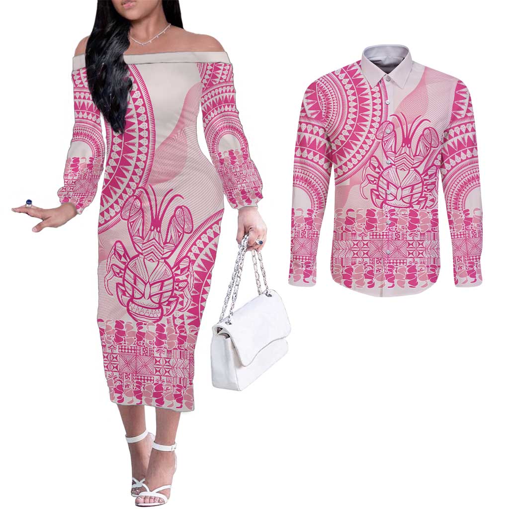 Pink Niue Language Week Couples Matching Off The Shoulder Long Sleeve Dress and Long Sleeve Button Shirt The Rock Coconut Crab - Siapo Pattern LT14 Pink - Polynesian Pride