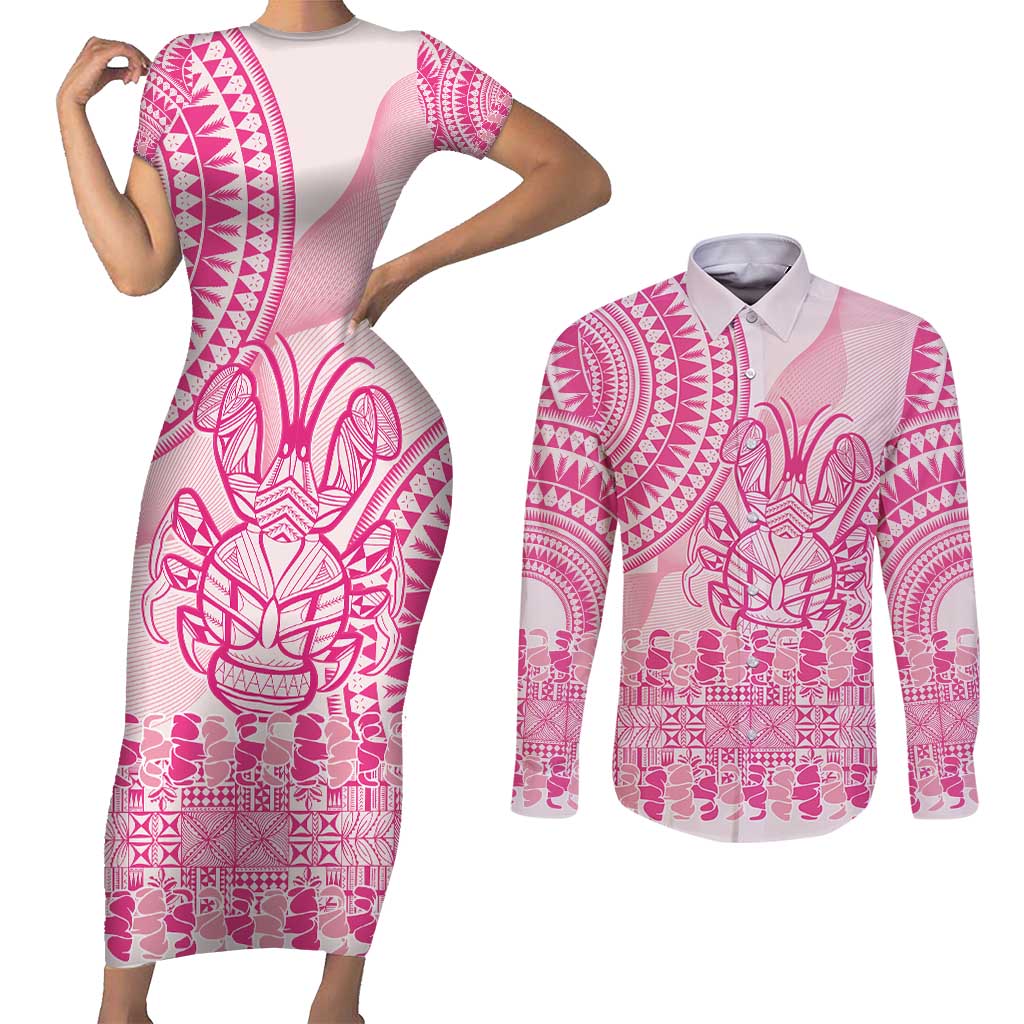 Pink Niue Language Week Couples Matching Short Sleeve Bodycon Dress and Long Sleeve Button Shirt The Rock Coconut Crab - Siapo Pattern LT14 Pink - Polynesian Pride