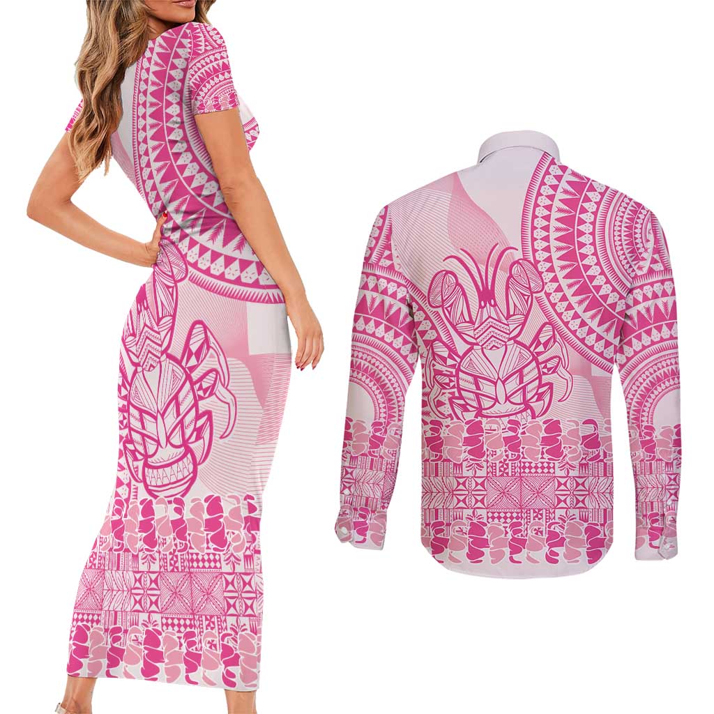 Pink Niue Language Week Couples Matching Short Sleeve Bodycon Dress and Long Sleeve Button Shirt The Rock Coconut Crab - Siapo Pattern