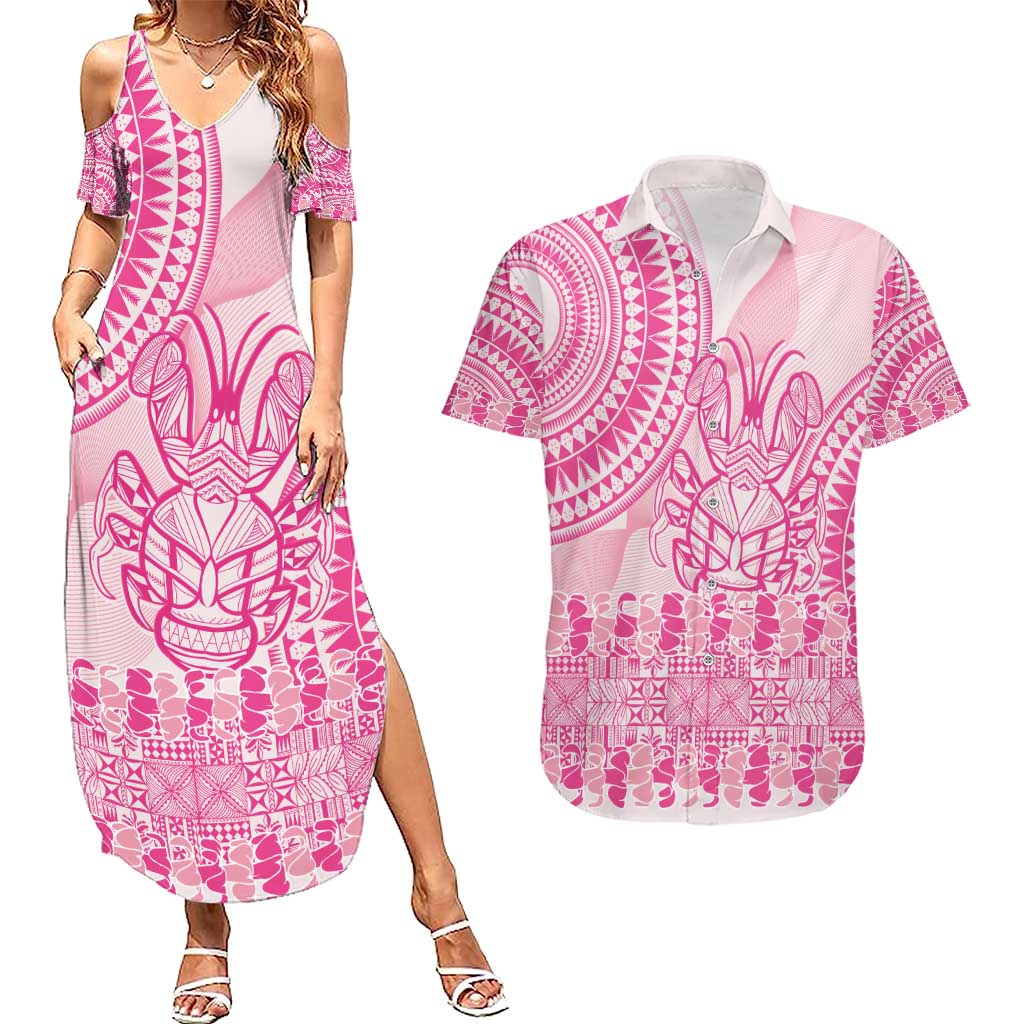 Pink Niue Language Week Couples Matching Summer Maxi Dress and Hawaiian Shirt The Rock Coconut Crab - Siapo Pattern LT14 Pink - Polynesian Pride