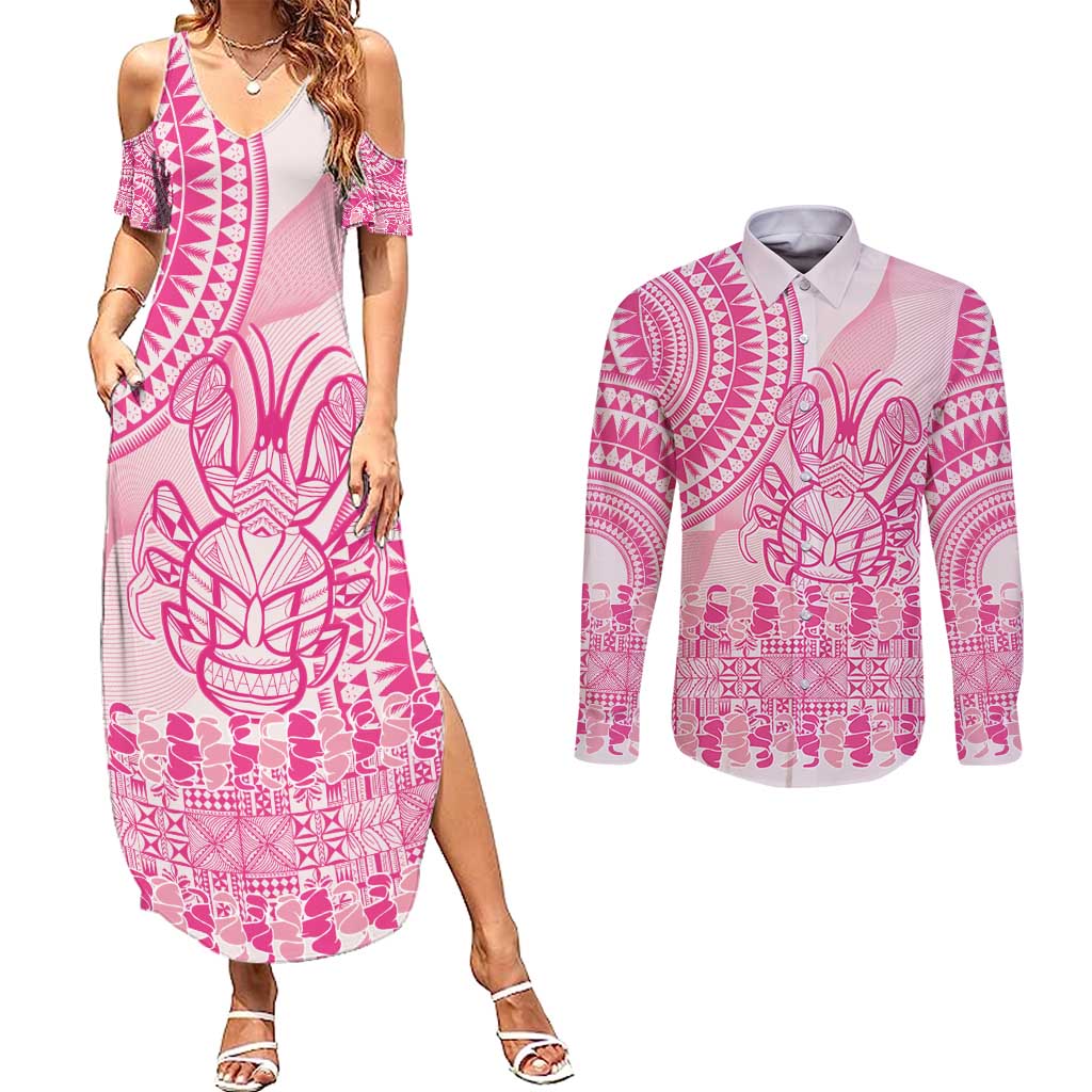 Pink Niue Language Week Couples Matching Summer Maxi Dress and Long Sleeve Button Shirt The Rock Coconut Crab - Siapo Pattern LT14 Pink - Polynesian Pride