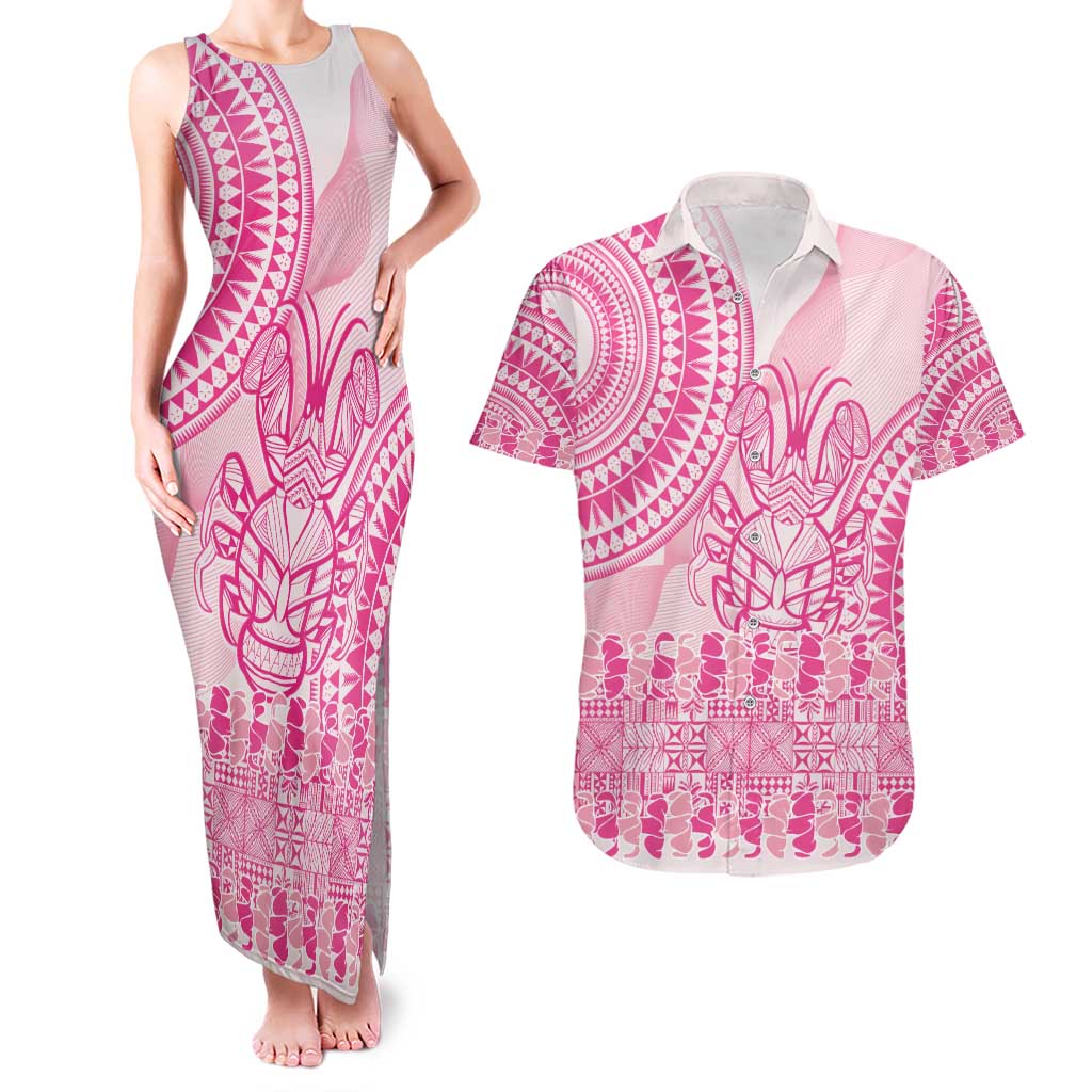 Pink Niue Language Week Couples Matching Tank Maxi Dress and Hawaiian Shirt The Rock Coconut Crab - Siapo Pattern LT14 Pink - Polynesian Pride