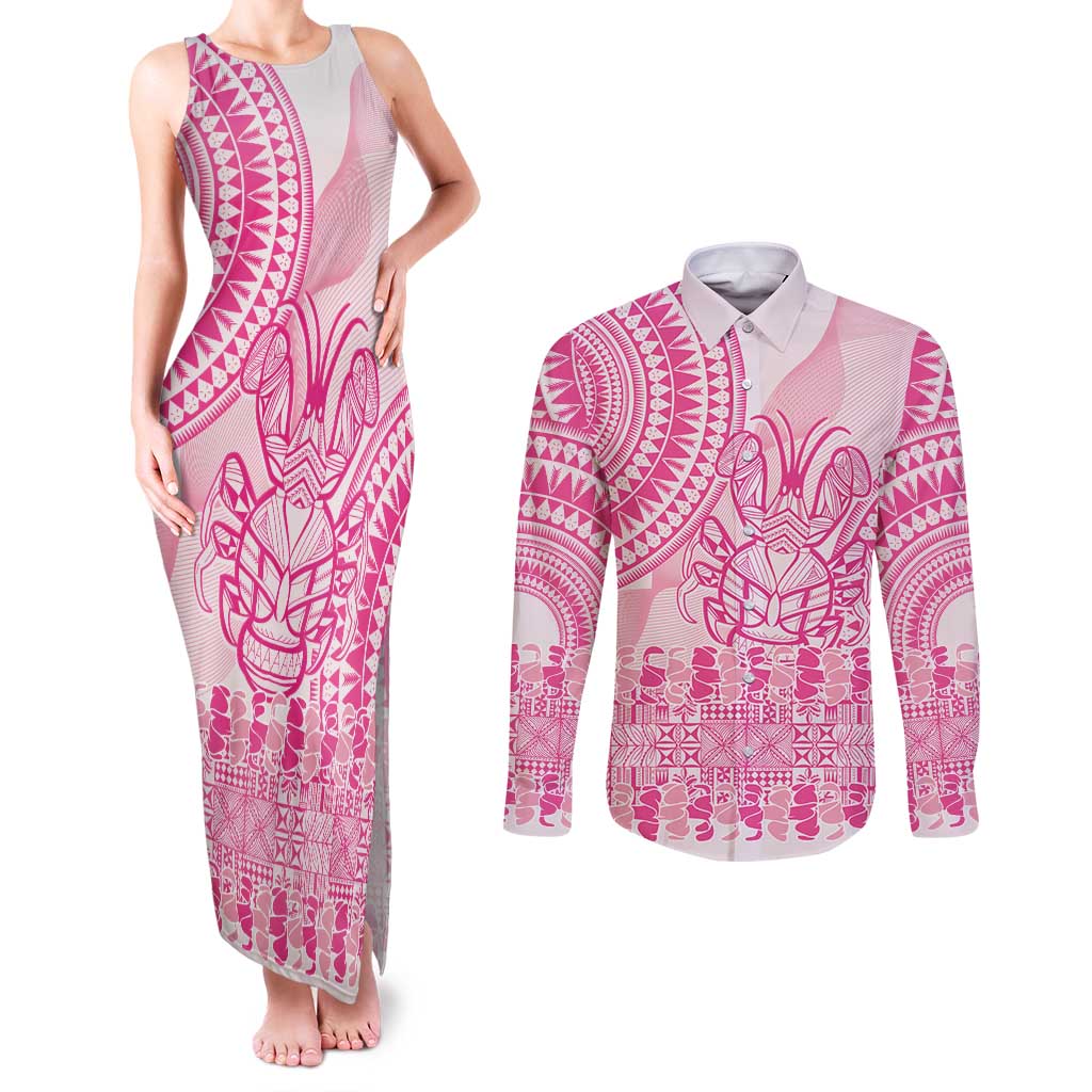Pink Niue Language Week Couples Matching Tank Maxi Dress and Long Sleeve Button Shirt The Rock Coconut Crab - Siapo Pattern LT14 Pink - Polynesian Pride