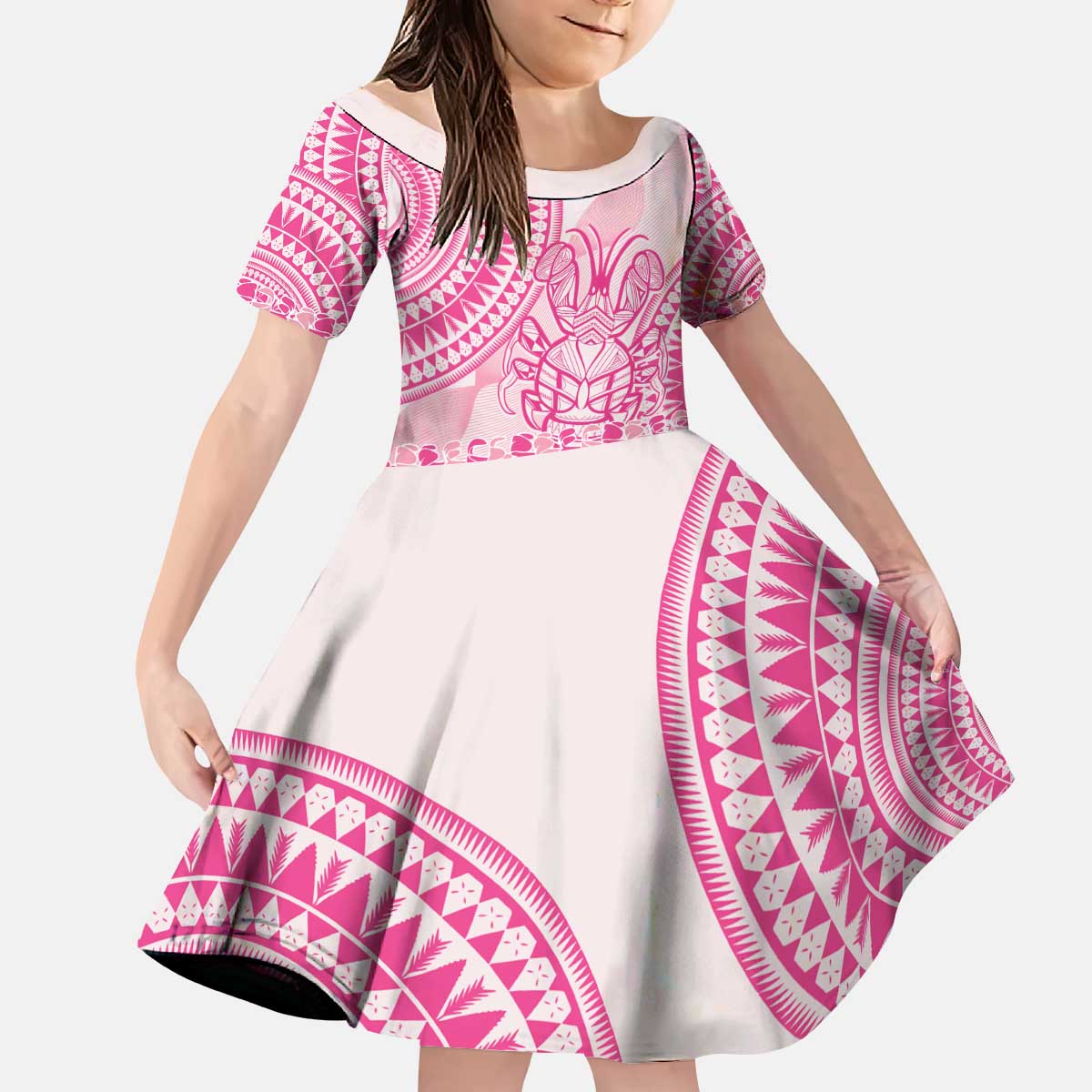 Pink Niue Language Week Kid Short Sleeve Dress The Rock Coconut Crab - Siapo Pattern LT14 KID Pink - Polynesian Pride