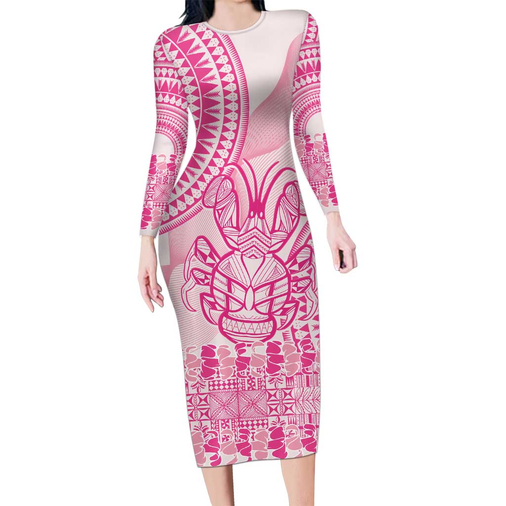 Pink Niue Language Week Long Sleeve Bodycon Dress The Rock Coconut Crab - Siapo Pattern LT14 Long Dress Pink - Polynesian Pride