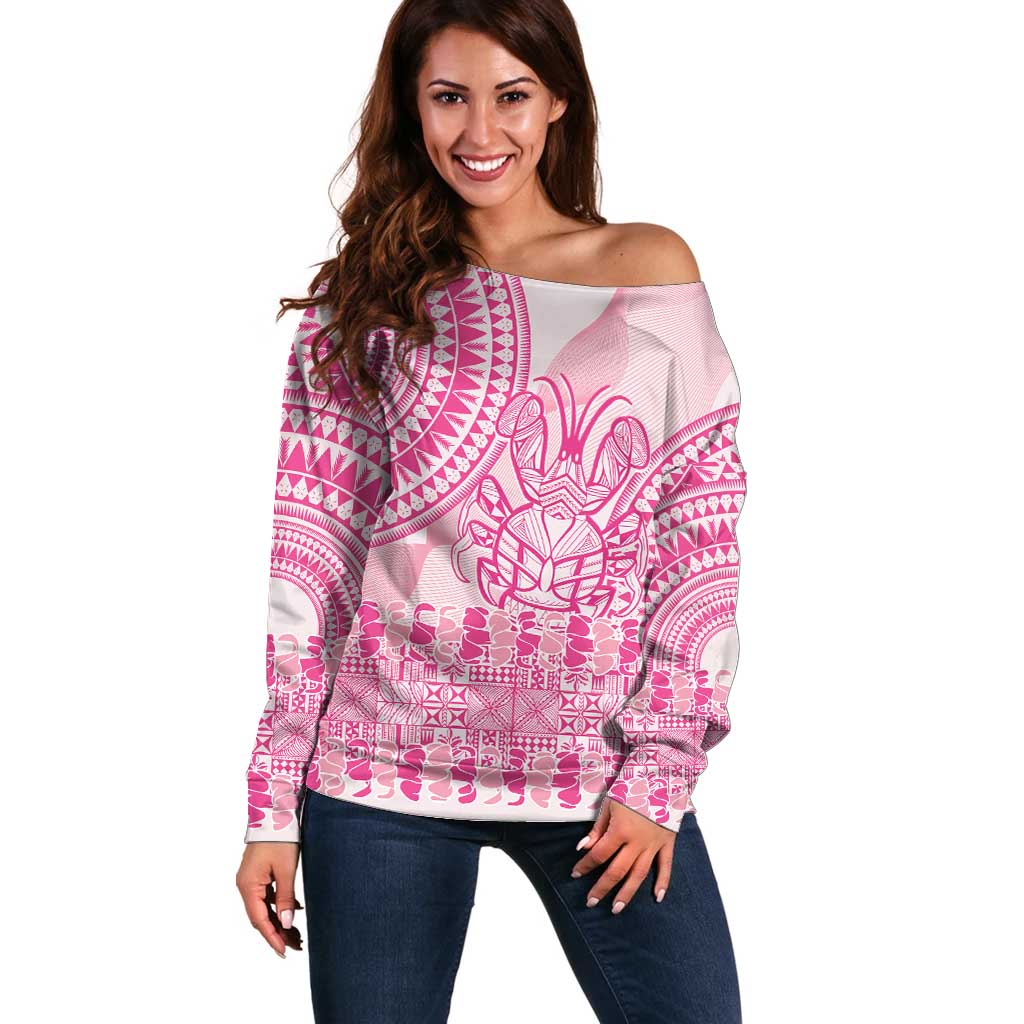 Pink Niue Language Week Off Shoulder Sweater The Rock Coconut Crab - Siapo Pattern LT14 Women Pink - Polynesian Pride