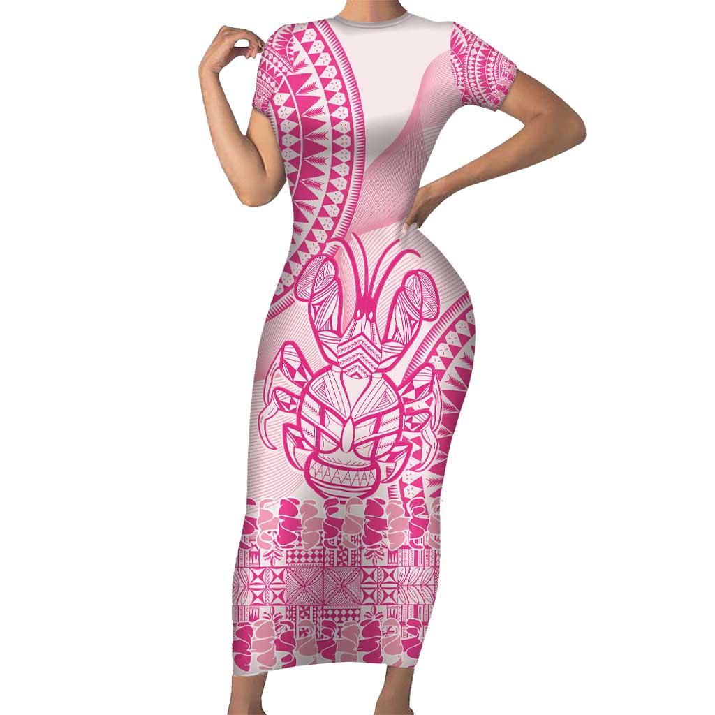 Pink Niue Language Week Short Sleeve Bodycon Dress The Rock Coconut Crab - Siapo Pattern LT14 Long Dress Pink - Polynesian Pride