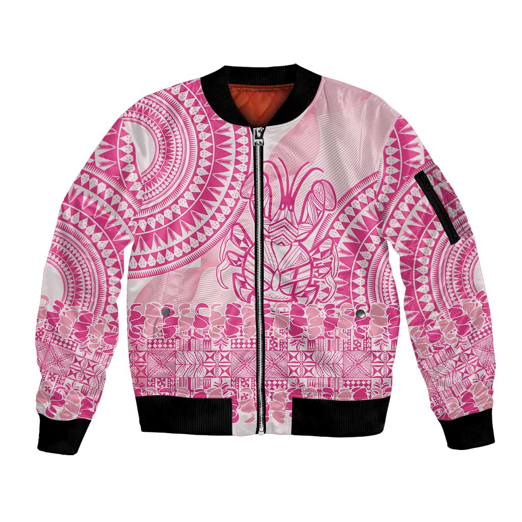 Pink Niue Language Week Sleeve Zip Bomber Jacket The Rock Coconut Crab - Siapo Pattern LT14 Unisex Pink - Polynesian Pride