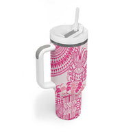 Pink Niue Language Week Tumbler With Handle The Rock Coconut Crab - Siapo Pattern