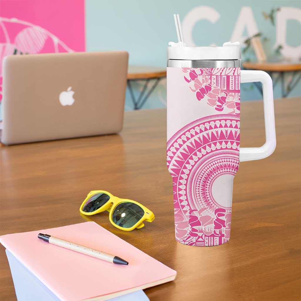 Pink Niue Language Week Tumbler With Handle The Rock Coconut Crab - Siapo Pattern