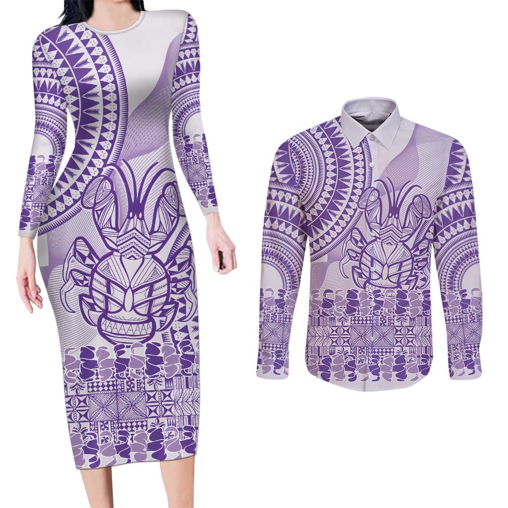 Purple Niue Language Week Couples Matching Long Sleeve Bodycon Dress and Long Sleeve Button Shirt The Rock Coconut Crab - Siapo Pattern LT14 Purple - Polynesian Pride
