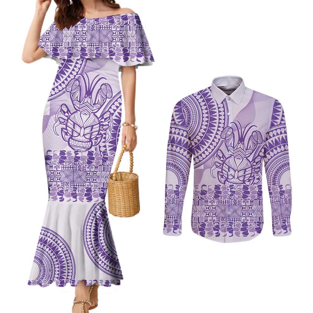 Purple Niue Language Week Couples Matching Mermaid Dress and Long Sleeve Button Shirt The Rock Coconut Crab - Siapo Pattern LT14 Purple - Polynesian Pride