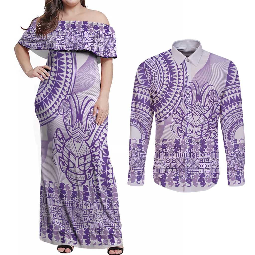 Purple Niue Language Week Couples Matching Off Shoulder Maxi Dress and Long Sleeve Button Shirt The Rock Coconut Crab - Siapo Pattern LT14 Purple - Polynesian Pride