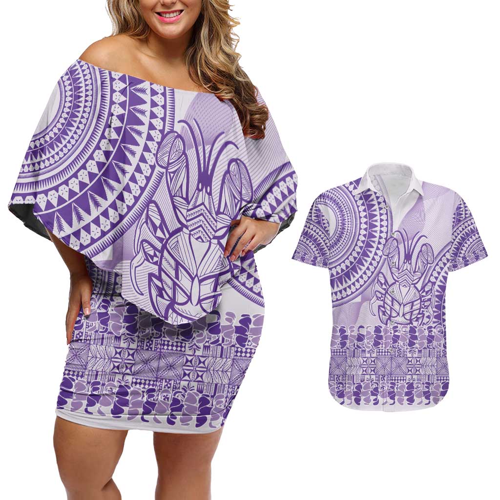 Purple Niue Language Week Couples Matching Off Shoulder Short Dress and Hawaiian Shirt The Rock Coconut Crab - Siapo Pattern LT14 Purple - Polynesian Pride