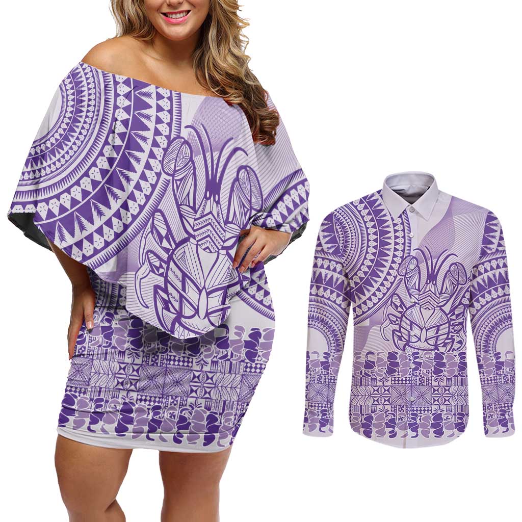 Purple Niue Language Week Couples Matching Off Shoulder Short Dress and Long Sleeve Button Shirt The Rock Coconut Crab - Siapo Pattern LT14 Purple - Polynesian Pride