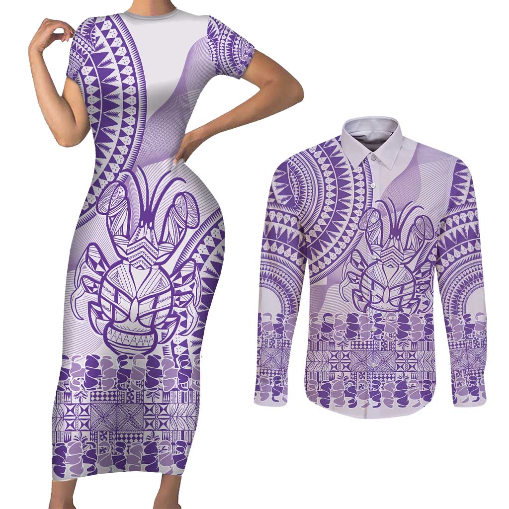 Purple Niue Language Week Couples Matching Short Sleeve Bodycon Dress and Long Sleeve Button Shirt The Rock Coconut Crab - Siapo Pattern LT14 Purple - Polynesian Pride