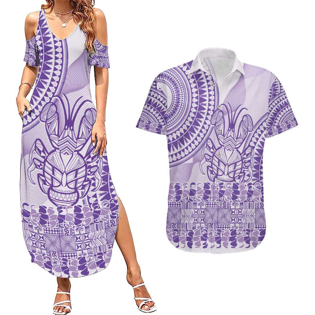 Purple Niue Language Week Couples Matching Summer Maxi Dress and Hawaiian Shirt The Rock Coconut Crab - Siapo Pattern LT14 Purple - Polynesian Pride