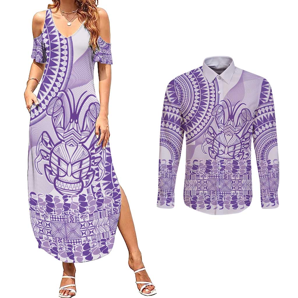 Purple Niue Language Week Couples Matching Summer Maxi Dress and Long Sleeve Button Shirt The Rock Coconut Crab - Siapo Pattern LT14 Purple - Polynesian Pride