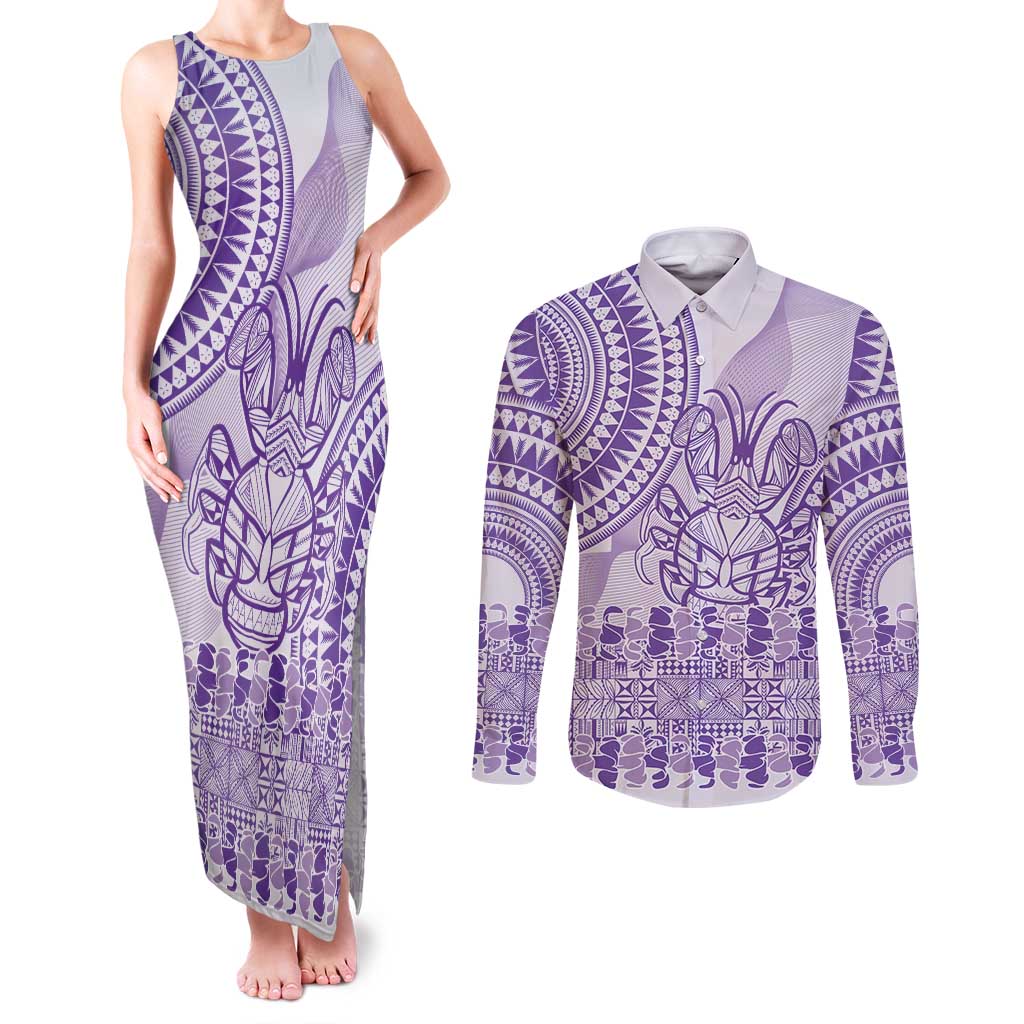 Purple Niue Language Week Couples Matching Tank Maxi Dress and Long Sleeve Button Shirt The Rock Coconut Crab - Siapo Pattern LT14 Purple - Polynesian Pride