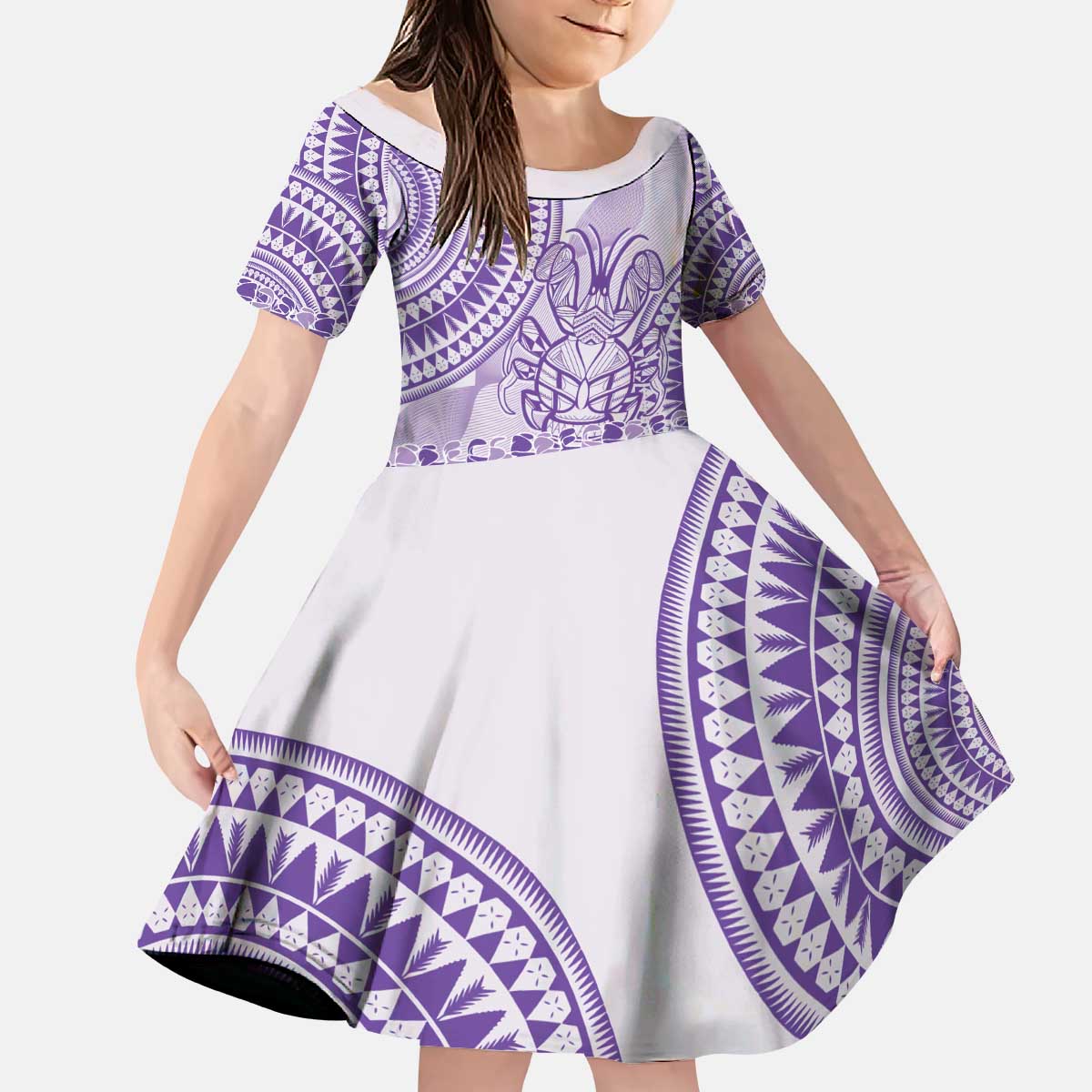 Purple Niue Language Week Kid Short Sleeve Dress The Rock Coconut Crab - Siapo Pattern LT14 KID Purple - Polynesian Pride