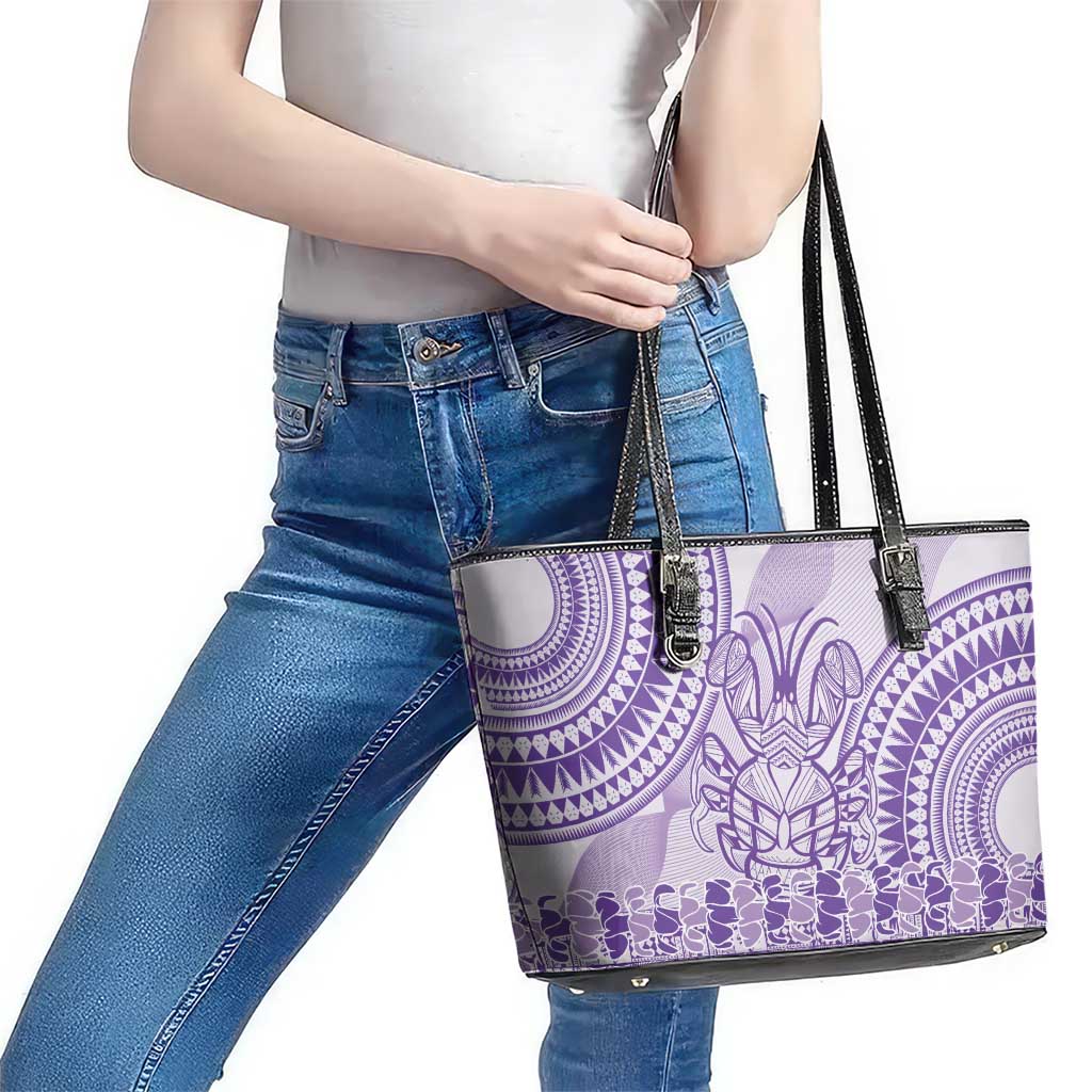 Purple Niue Language Week Leather Tote Bag The Rock Coconut Crab - Siapo Pattern