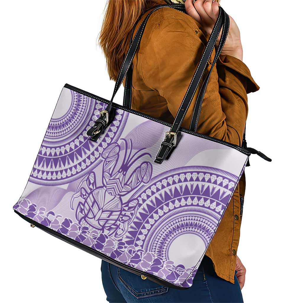Purple Niue Language Week Leather Tote Bag The Rock Coconut Crab - Siapo Pattern